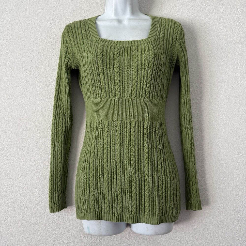 Y2K Esprit Sweater S Green Cable Knit Square Neck Fitted Rib Preppy Fairycore